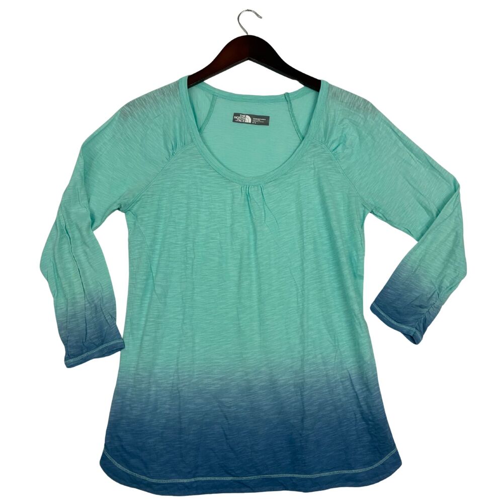 The North Face Womens M Ombre Blue Aqua Long Sleeve Scoop Neck Shirt Cotton